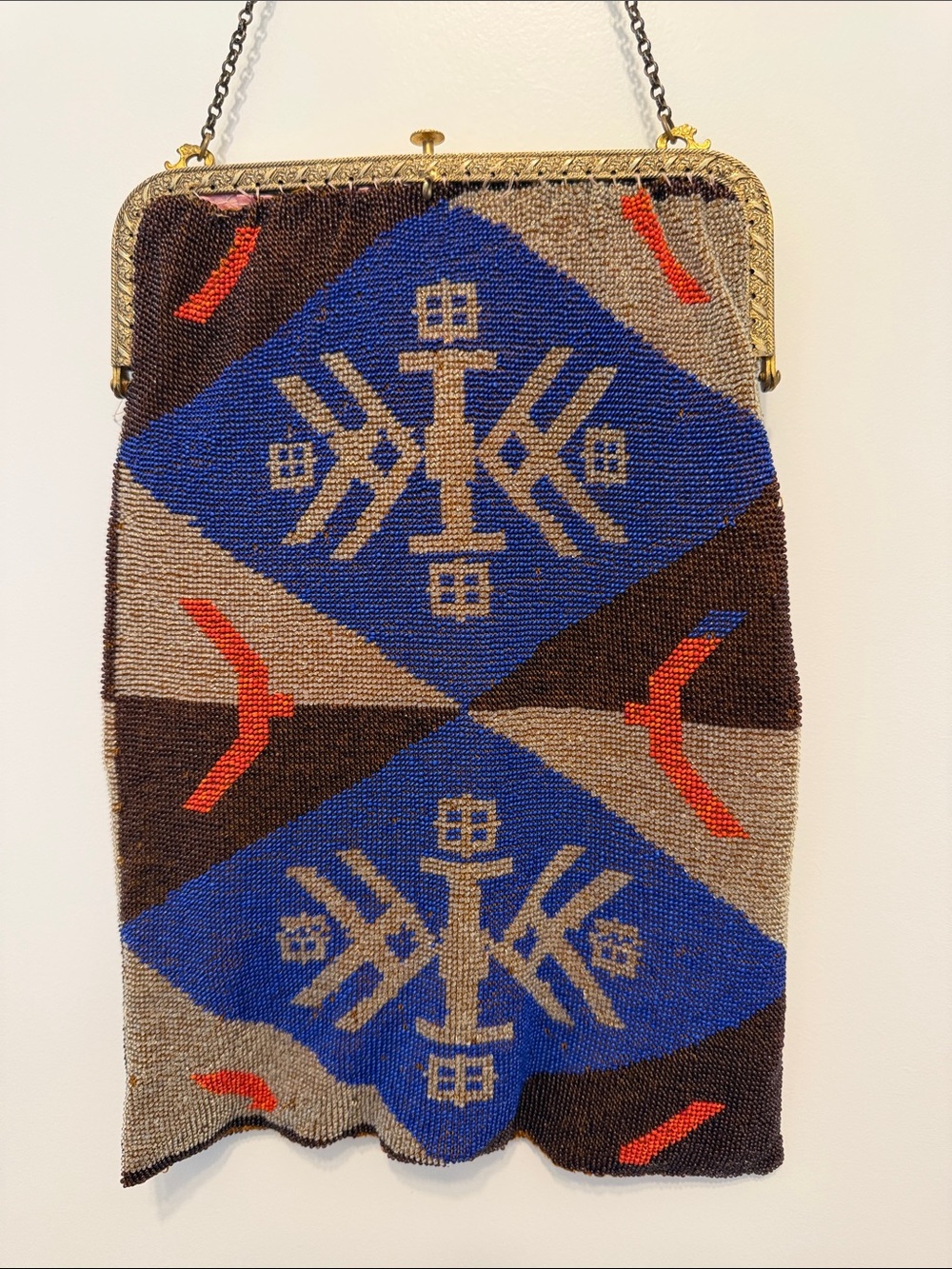Vintage Beaded Geometric Pattern Bag in Blue and Brown